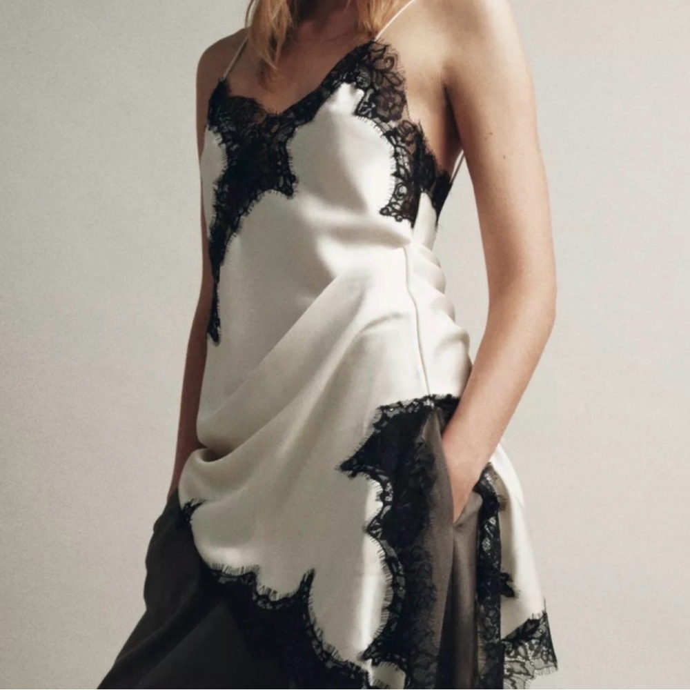 Cami NYC Silk Camisole Sleeveless Dress Top Ivory Asymmetrical Hem Black Lace - Picture 10 of 11